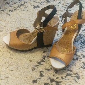 Sam Edelman Tan and Black Cork Wedge Sandals with Ankle Strap